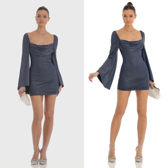 Lucy in the Sky Dress Womens Medium Blue Foil Flare Sleeve Mini Party Drape - Picture 1 of 11